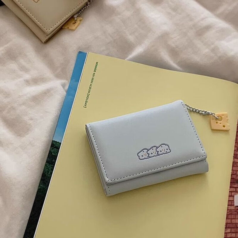 Fuyan cheese cheese short small wallet for women 2024 new student cute cartoon large capacity card holder tri-fold blue cheese style - with pendant upgraded version - anti-degaussing + anti-theft brush