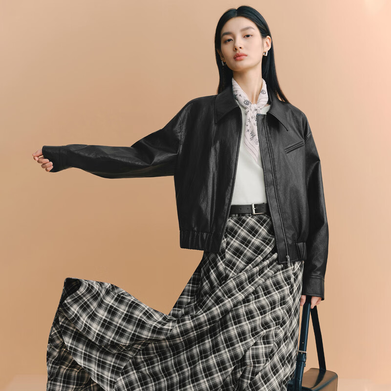 Eveli (eifini) Eveli silhouette short lapel leather jacket 2026 spring new fashionable casual handsome jacket for women black M 105-115 catties