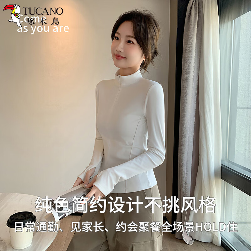 Woodpecker half-zip right shoulder bottoming shirt for women spring, autumn and winter new style plus velvet and thickened inner slim long-sleeved top Purple S