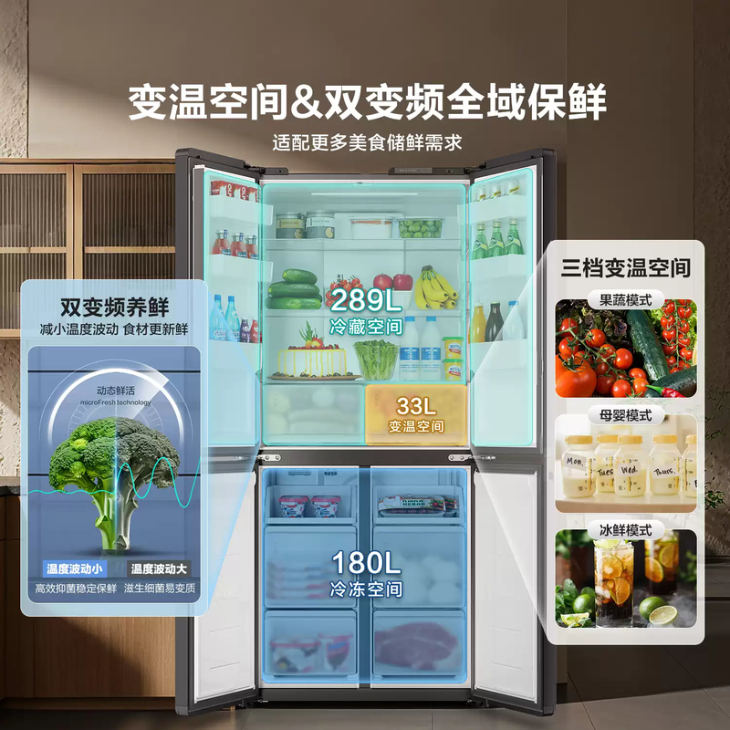 Leader Haier refrigerator 502 liters double cycle four-door 594mm ultra-thin embedded first-class energy efficiency dual frequency conversion air-cooled frost-free double door cross household large capacity national subsidy hot new product + full space purification + three-speed temperature change