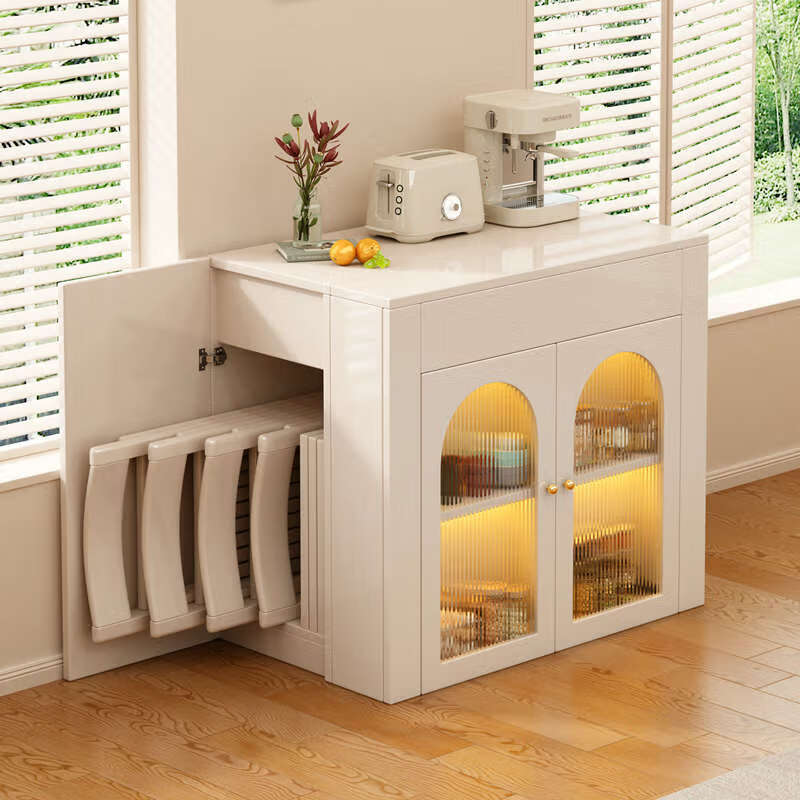 Yusenyi retractable dining table and sideboard integrated small apartment folding dining table 1 table 6 chairs 56~167cm retractable dining table cabinet + folding leather