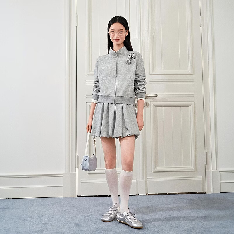 Leding threaded terry fine glitter and exquisite flower decoration short sweatshirt jacket Moonstone Gray (ready in stock) XS