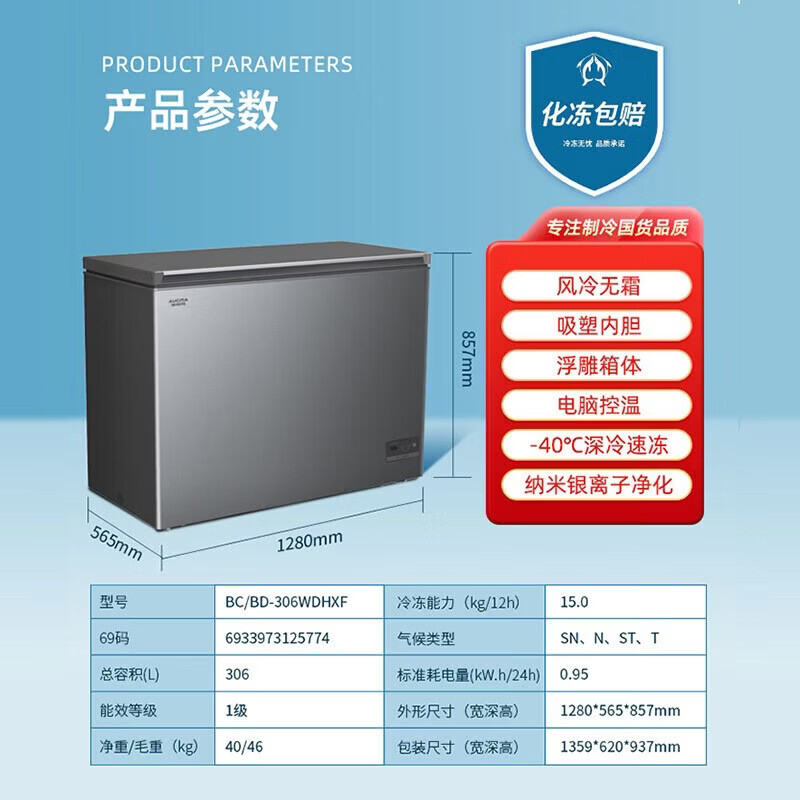 AUCMA Freezer Commercial Large Capacity 518 liters or more Single Temperature Refrigerated Freezer Dual-Purpose Freezer Double Door Horizontal Refrigerator Ice Cream Cabinet Supermarket Convenience Store Supply and Sales -40 Deep Freezing Quick Freezing Air Cooling Frost-free Level 1 Energy Efficiency 306 Liters