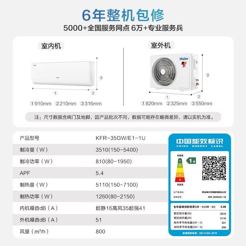 Haier price guarantee 618 air conditioner net power saving second generation pro large 1.5 HP on-hook inverter comfortable air double row copper tube evaporator KFR-35GW/E1-1U