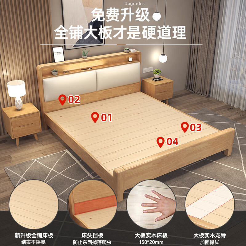EON HOME bed Nordic solid wood bed double bed master bedroom storage wedding bed night light charging soft back bed soft back bed + 20cm coconut palm spring mattress 1.5*2.0 meters (fully covered large board frame bed)