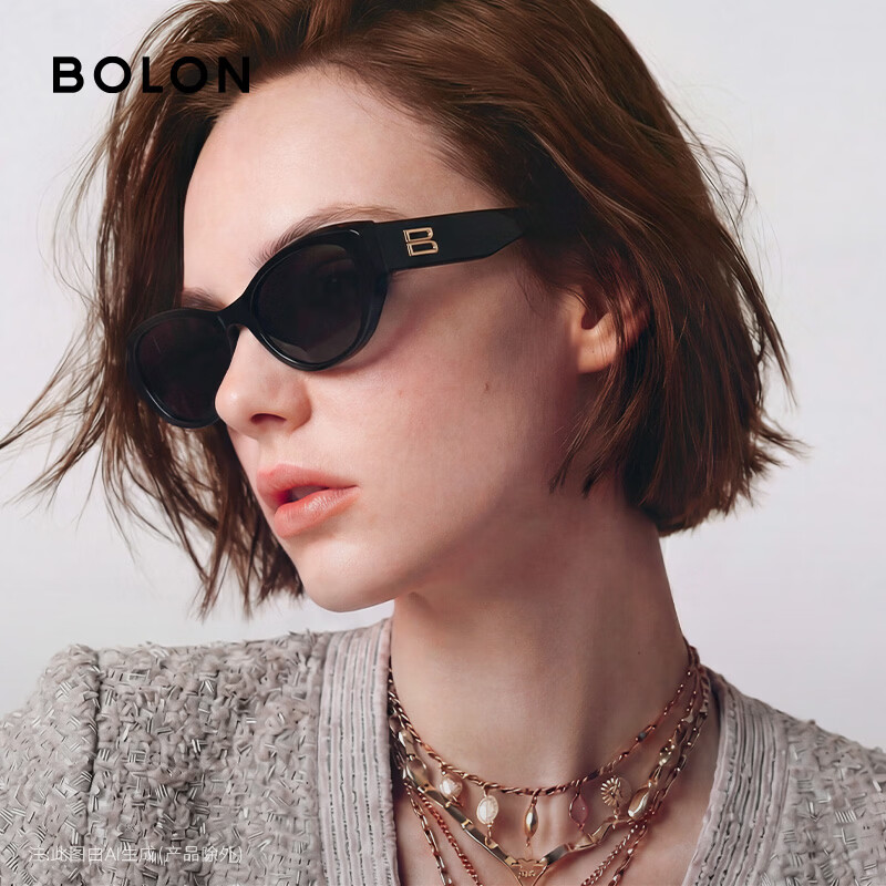 BOLON Tyrannosaurus glasses Yang Zi's same style cool cat-eye narrow frame sunglasses for women, fashionable sunglasses for men, sun protection BL3308, light and thin double upgrade BL3308C10 bright black frame-polarized