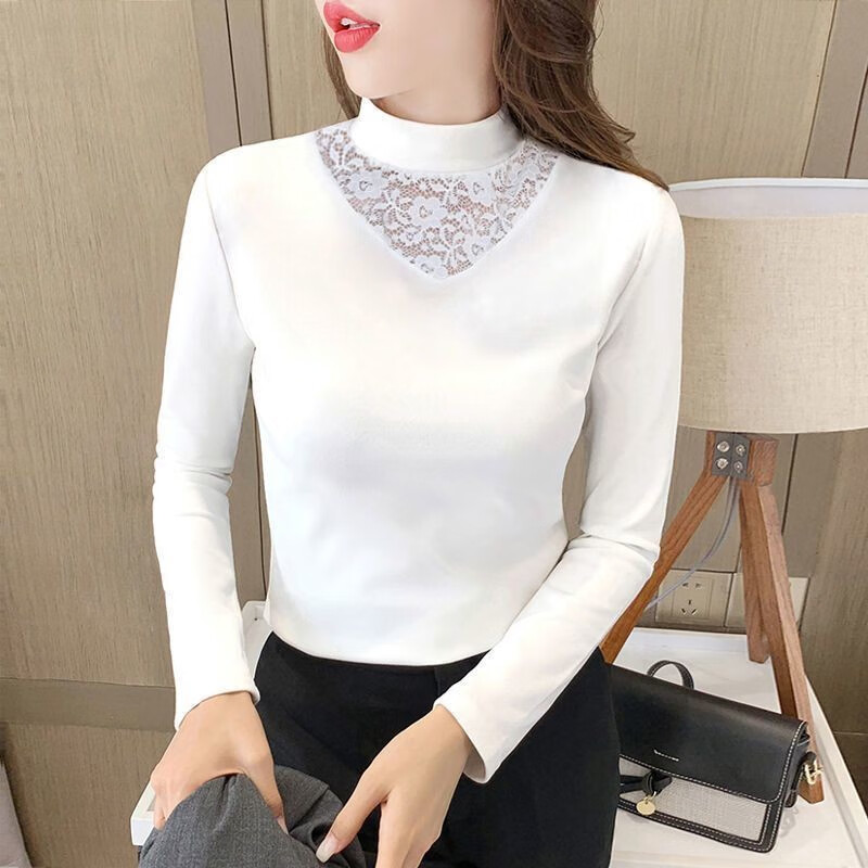 Pure letter bottoming shirt for women 2025 autumn and winter new style warm and fashionable half-high collar versatile lace fashionable and elegant inner top for women 1 double-sided German velvet-brown M recommended 80-100 pounds