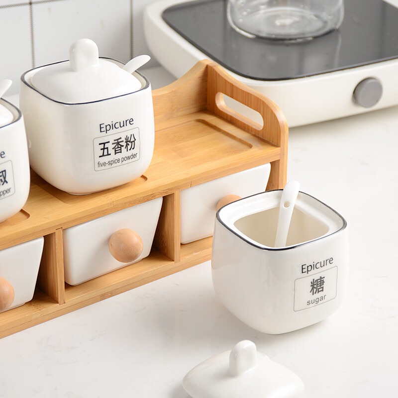 Macallan Creative Home Double-layer Seasoning Jar Nordic Simple Seasoning Box Set Ceramic Salt Shaker MSG Bottle Set of 6 Black Line Square Jars - With Wooden Stand