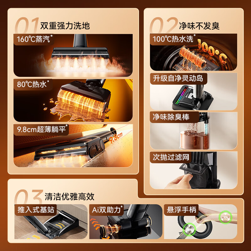 Jingdong Tokyo-made floor washing machine 160 steam 80 hot water washing ironing, suction and mopping 100 self-cleaning two-way power-assisted steam mop household sweeper and mop