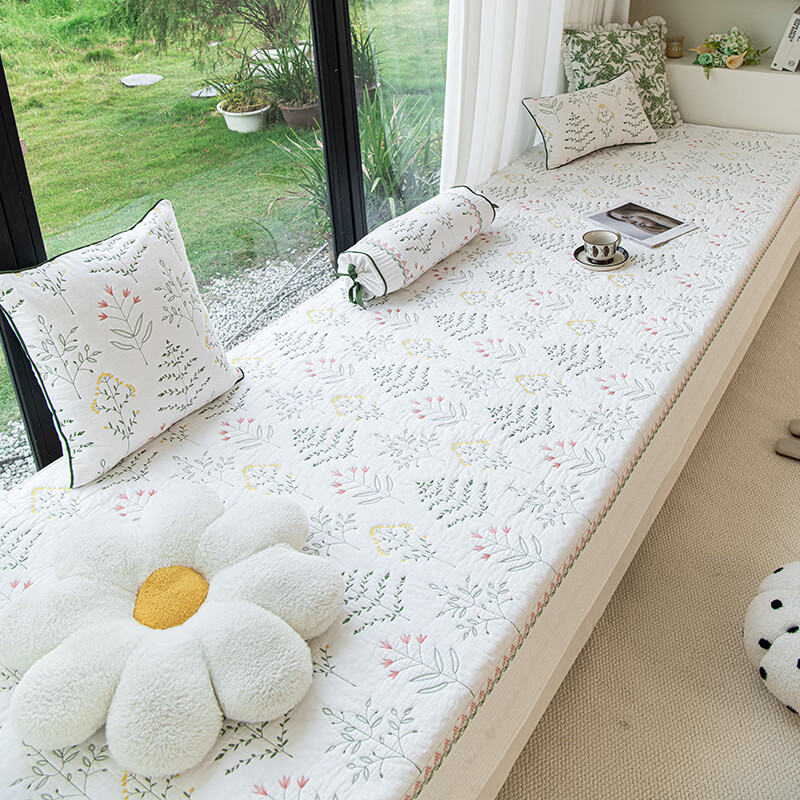 Bay window mat window sill mat 100% cotton for all seasons non-slip thin 100% cotton fabric pastoral style tatami balcony mat Shili Fangcao-white 110*240cm