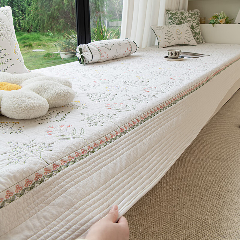 Bay window mat window sill mat 100% cotton for all seasons non-slip thin 100% cotton fabric pastoral style tatami balcony mat Shili Fangcao-white 110*240cm