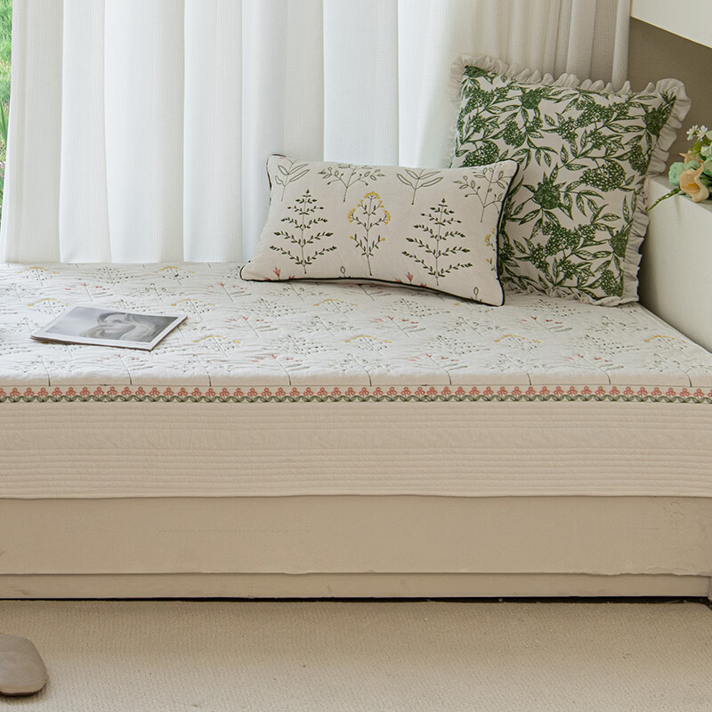 Bay window mat window sill mat 100% cotton for all seasons non-slip thin 100% cotton fabric pastoral style tatami balcony mat Shili Fangcao-white 110*240cm