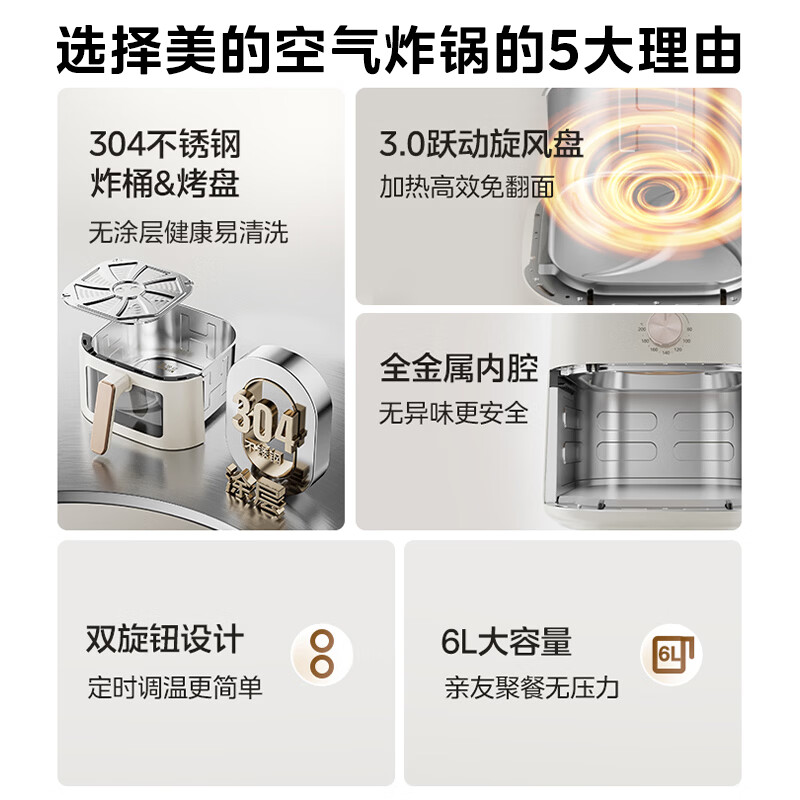 Midea air fryer 2026 new style flip-free 0-coating stainless steel air fryer steaming and baking all-in-one household 6L large capacity multi-functional visual KZE6086PRO