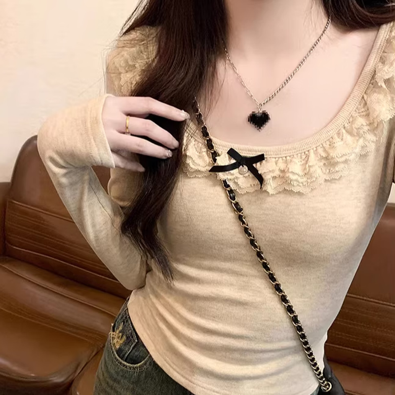 Miao Yijia thickened velvet bottoming shirt for outer wear for women in autumn and winter, western style 2025 new lace sexy and high-end sense lace collar bow long-sleeved T-shirt oatmeal color L recommended 110-120 pounds