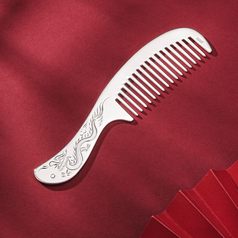 CS China Silver 999 pure silver long-handled hair comb hand-engraved silver comb as a birthday gift for my wife and mother