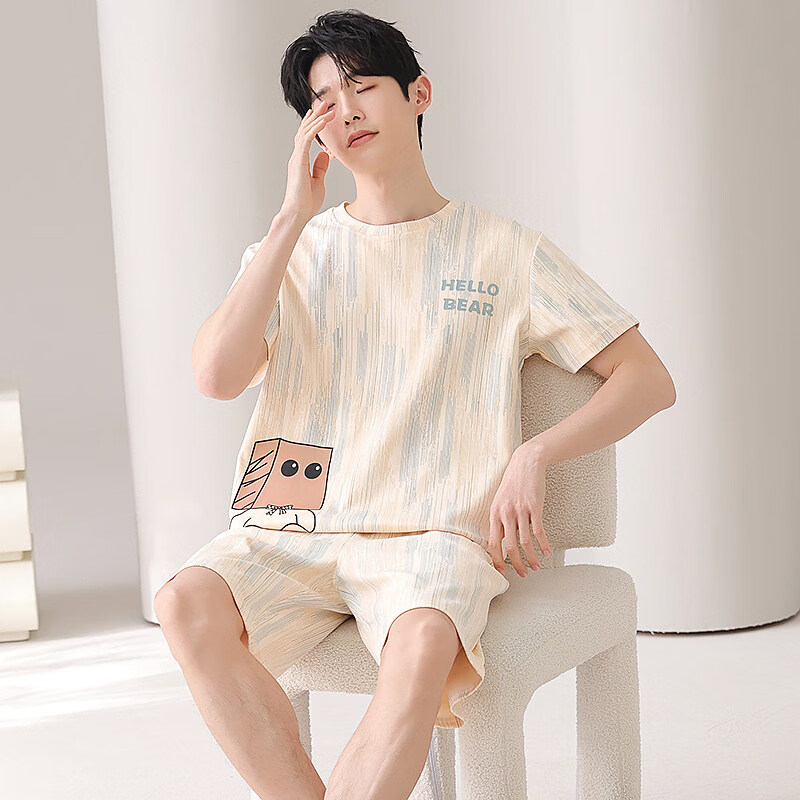 MiiOW pure cotton men's pajamas summer thin 2026 new short-sleeved shorts casual wearable men's home clothes suit apricot stripes 100% cotton soft and comfortable XL weight about 120-140 pounds