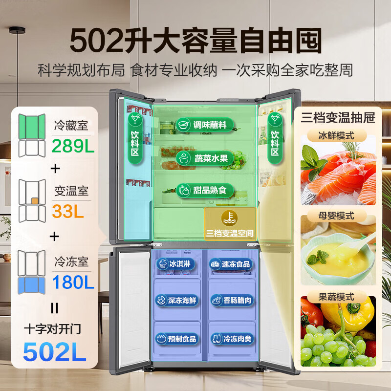Produced by Haier Refrigerator, 2026 new product debut 502 ultra-thin zero-embedded bottom cooling cross four-door commander 525 first-class energy efficiency frequency conversion air-cooled frost-free double purification 502-liter ultra-thin zero-embedded + global purification and sterilization + three-speed temperature change