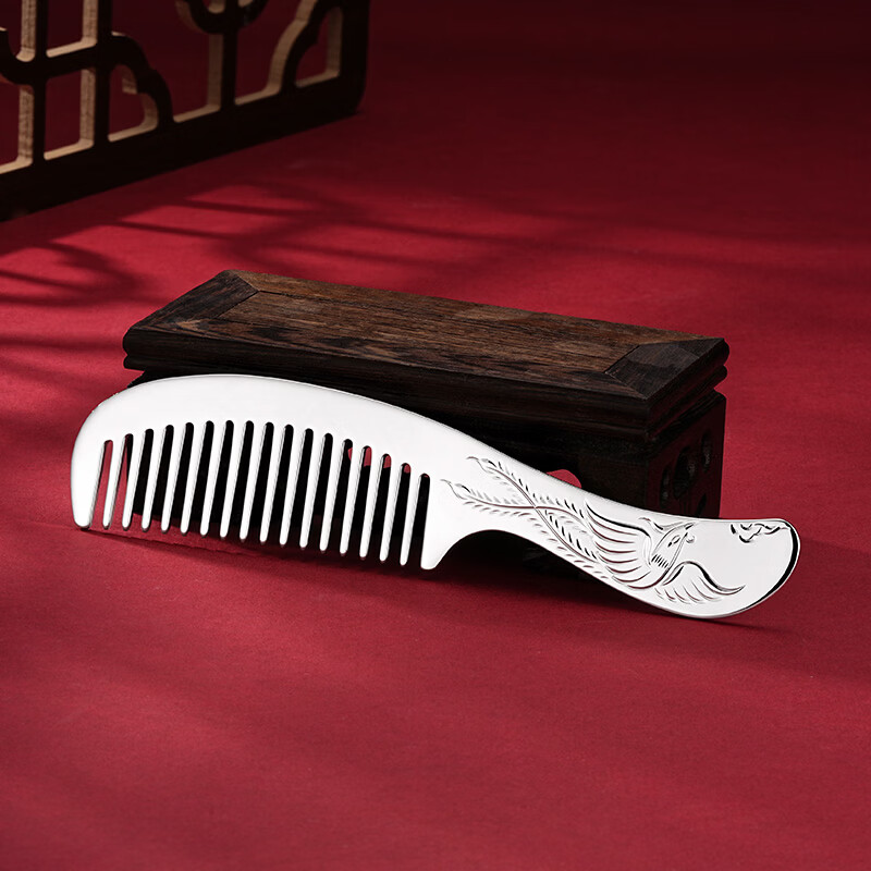 CS China Silver 999 pure silver long-handled hair comb hand-engraved silver comb as a birthday gift for my wife and mother
