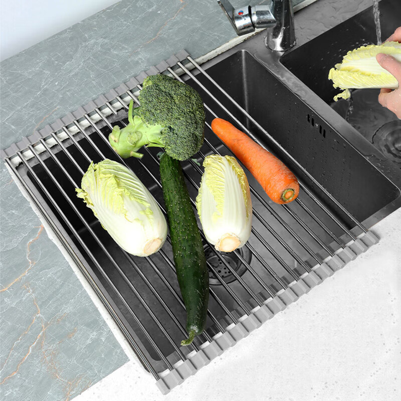 Baijie Kitchen Sink Drain Rack Pool Tableware Water Control Rack Silicone Foldable Storage Roller Curtain 18 Tubes