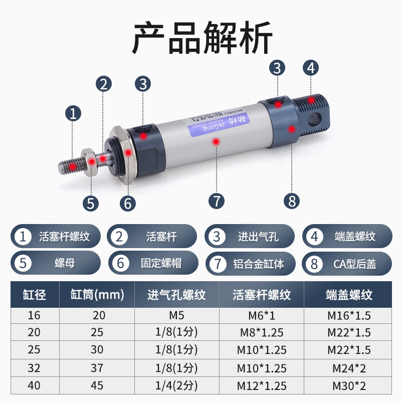 JINGGONG MAL aluminum alloy mini cylinder small pneumatic 20/25/32/40x25x50x75x100x200x300 MAL25*125