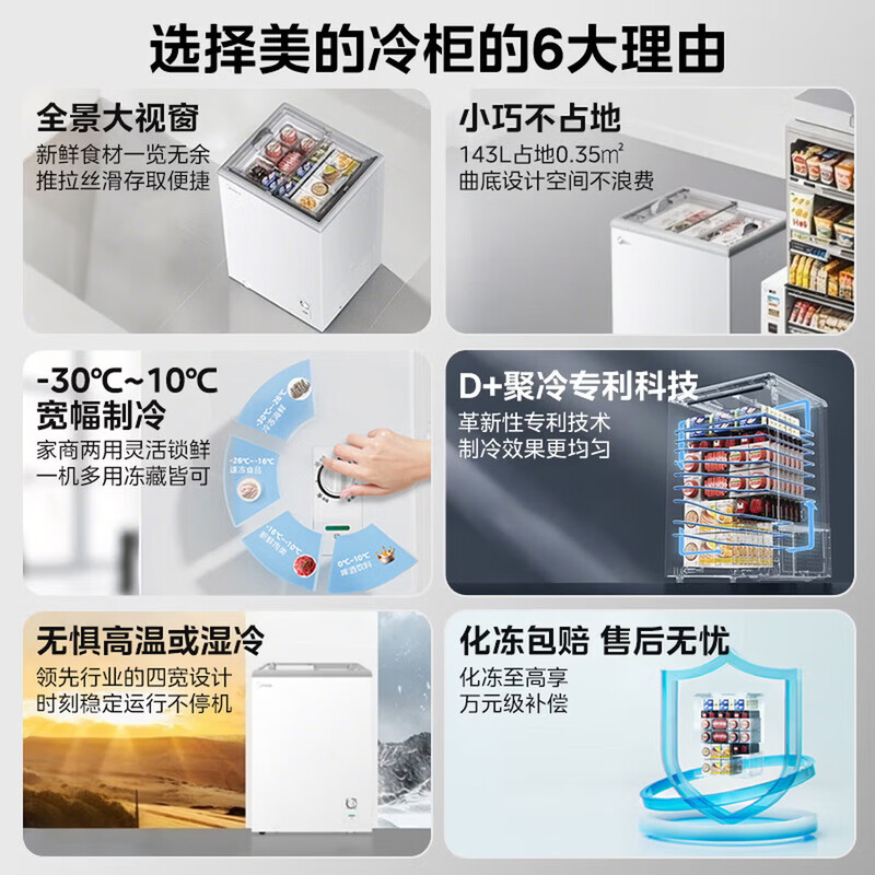 Midea freezer household commercial horizontal display cabinet refrigerated fresh-keeping cabinet ice cream frozen freezer with lock fruit beverage wine refrigerator small ice cream freezer 143 liters four-speed temperature control glass door with lock MS-155LGE