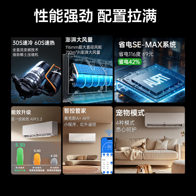 AUFIT air conditioner AUX produces 1.5 HP air conditioner hang-up, new level of energy efficiency, double row copper tube cooling and heating, frequency conversion, WiFi voice intelligent control, sterilization and self-cleaning, national subsidy, larger 1.5 HP, first level energy efficiency, WIFI intelligent control, super power-saving upgrade model