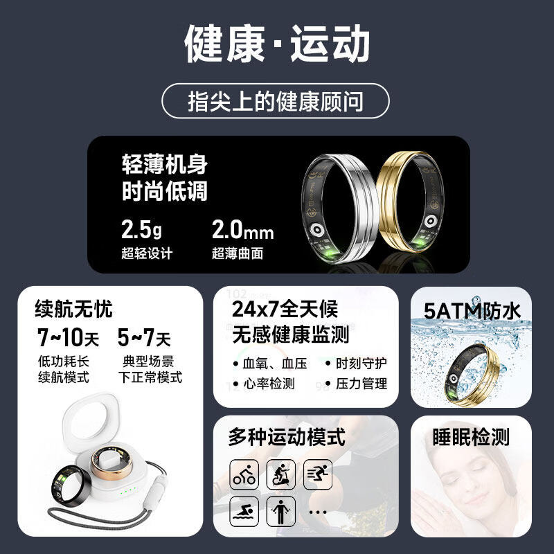 KPEPkpep health smart ring blood oxygen heart rate body temperature blood pressure male and female couple sports sleep monitoring remote control photo multi-functional health R16 Starlight Silver No. 11 inner diameter 20.6mm