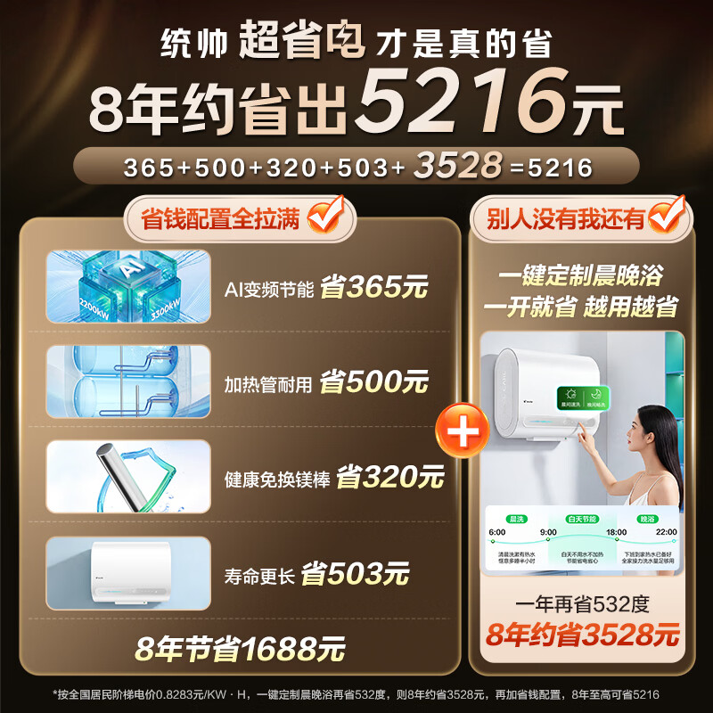 Produced by Tongshuai Haier, super power-saving F5S double-gallon flat barrel electric water heater for home use 60 liters AI intelligent frequency conversion first-level energy efficiency 3.3KW fast heating JD.com self-operated door-to-door installation
