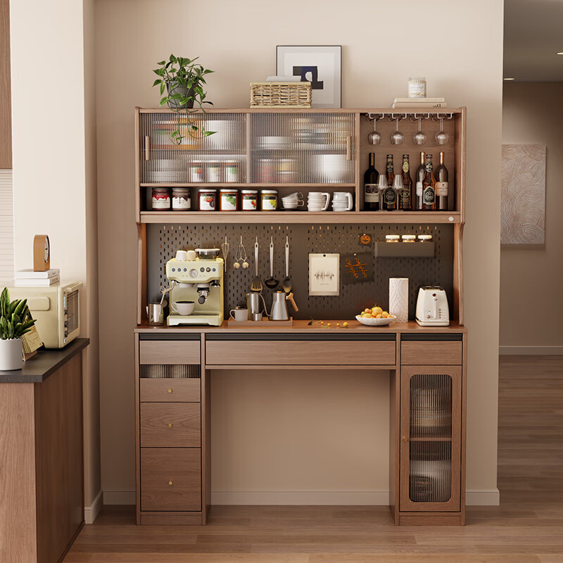 Solid wood sideboard and dining table integrated living room storage cabinet wall wine cabinet simple storage cabinet with folding dining table cabinet 1.6M single sideboard-walnut color