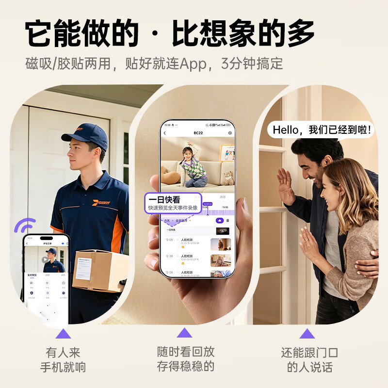 Shenmo home corridor camera, no plug-in monitor, wireless wifi home indoor battery charging outdoor solar high-definition night vision mobile phone remote magnetic suction without punching BC22 white (WiFi version/2 million pixels) bare metal without card (free 30 days of cloud storage)