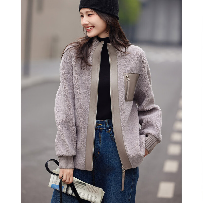 Demana Fashionable Urban Winter Casual Stand Collar Loose Patch Pocket Imitation Shearling Jacket Women's Short Smoke Gray M