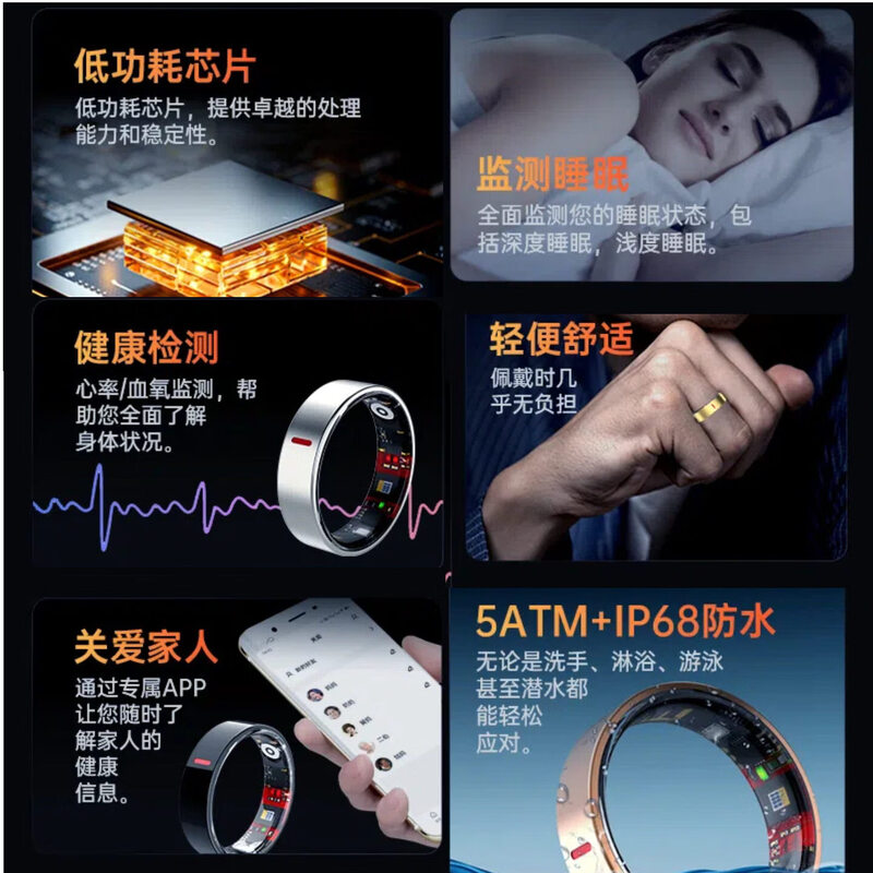 New non-invasive blood sugar and blood pressure smart ring, sleep blood oxygen, heart rate, multiple sports modes, waterproof photo ring, moonlight white, free charging compartment + health detection + sleep analysis + lightweight wearing, size 13, diameter 22, finger circumference 70