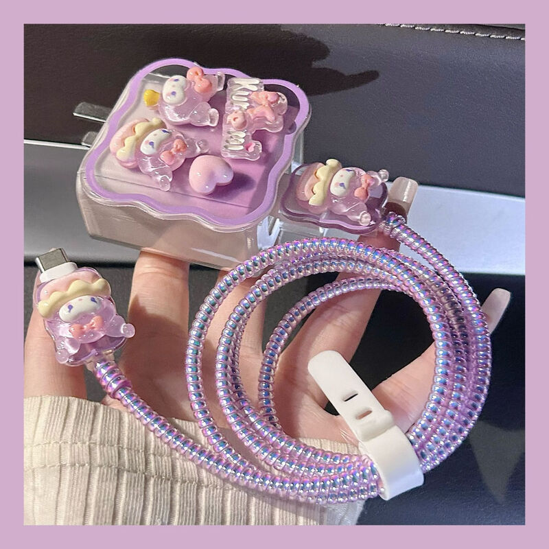 Lingyou Chuanghuo Data Cable Protective Case Huawei suitable for mate60pro charger protective case 66W universal anti-fall all-inclusive winding cute pura70 soft shell cartoon mate50 cable bite Culomi-Powder Set (USB+Type-C)