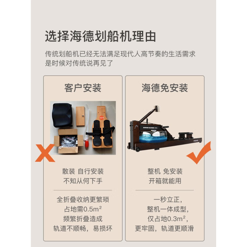 HEAD rowing machine intelligent water and electric control double resistance foldable home gym equipment indoor aerobics imported rubber wood | WR655 folding light color model