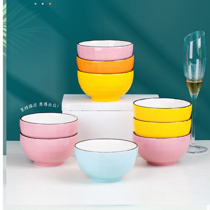 Kusenrong family bowls are divided into special-purpose bowls for one person and one color for family use. Light luxury household bowls, solid color ceramics, 5 pieces, colorful bowls yellow + blue + green + orange + pink