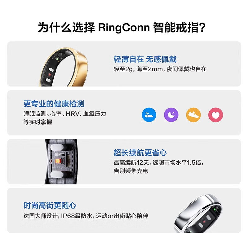 RingConn smart ring sleep and breathing monitoring heart rate blood oxygen physiological period prediction health guidance consultation can be lower Gen 2 Yaoyang Gold No. 8 (18.20mm)