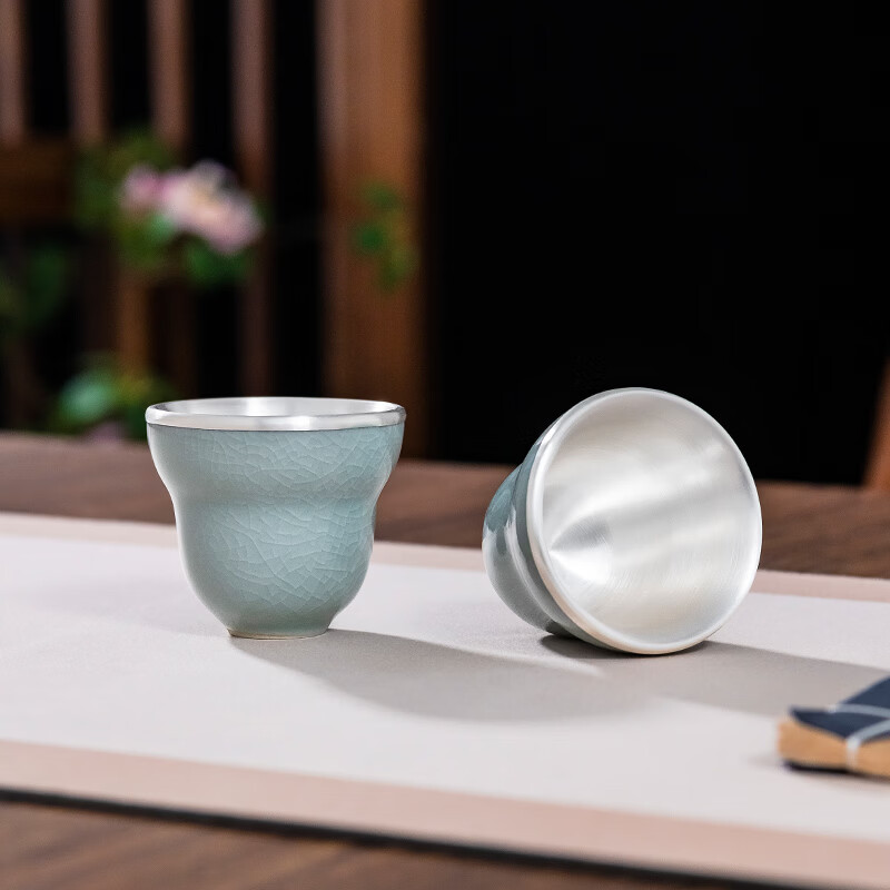 Guiyintang silver cup pure silver 999 ice cracked porcelain covered silver tea cup pure silver liner wine cup high-end tea set