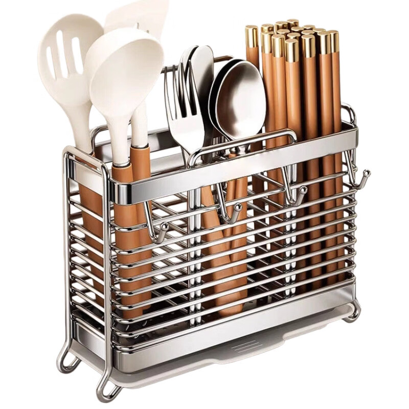 Nuanchi 304 stainless steel chopstick barrel household chopstick storage box chopstick cage wall-mounted kitchen knife holder spoon storage rack 304 stainless steel-desktop new two-grid chopstick box + without hook