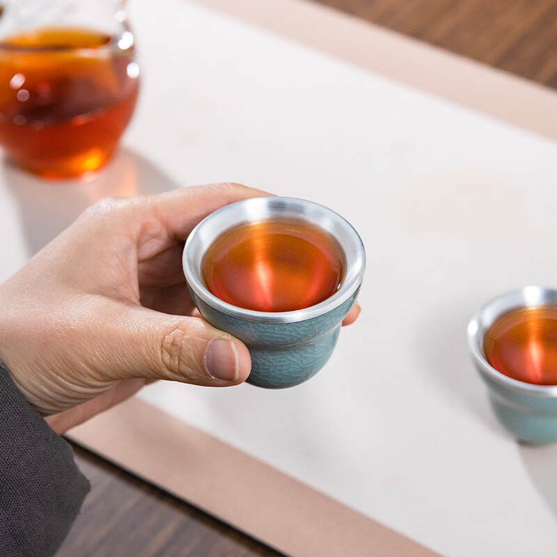 Guiyintang silver cup pure silver 999 ice cracked porcelain covered silver tea cup pure silver liner wine cup high-end tea set