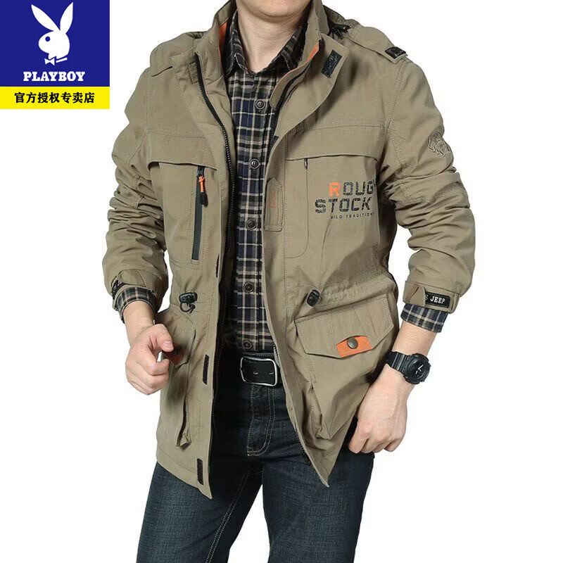 Playboy Jacket Men's Autumn and Winter Outdoor Mid-Length Jacket Men's Velvet Jacket Windproof and Waterproof Mountaineering Jacket Men's Large Size Cotton Jacket 086 Army Green - Velvet Thickened XL Recommended 125-145 catties