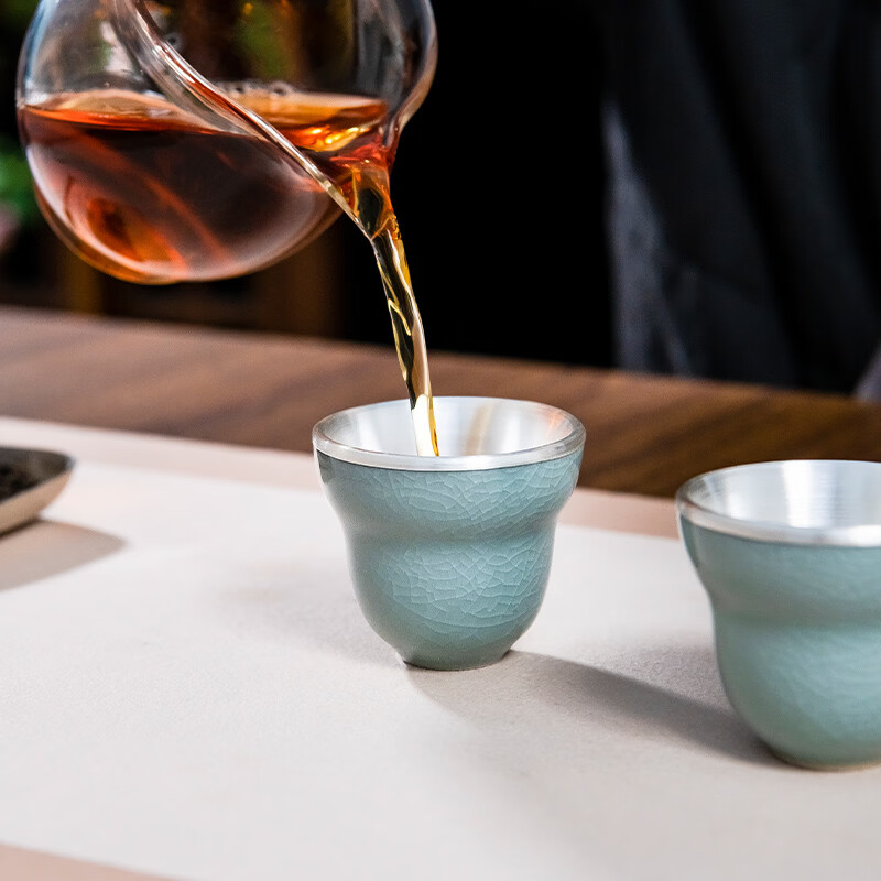 Guiyintang silver cup pure silver 999 ice cracked porcelain covered silver tea cup pure silver liner wine cup high-end tea set