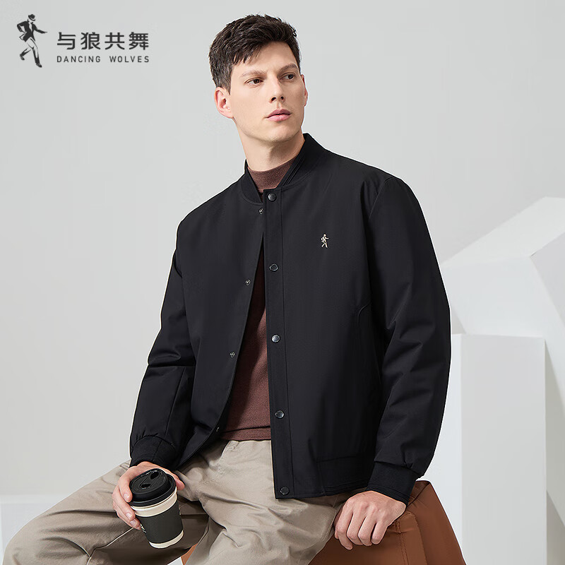Dances with Wolves, three-dimensional and crisp, fashionable baseball uniform, versatile jacket, men's casual jacket 001 black L(175)