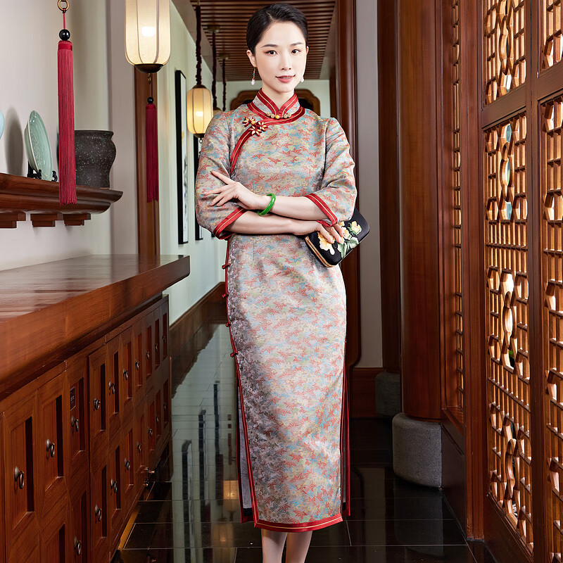 Xiyue Chinese style traditional intangible cultural heritage Song brocade mulberry silk cheongsam dress high-end handmade banquet evening dress Autumn New Year picture color XL (weight 115~125)