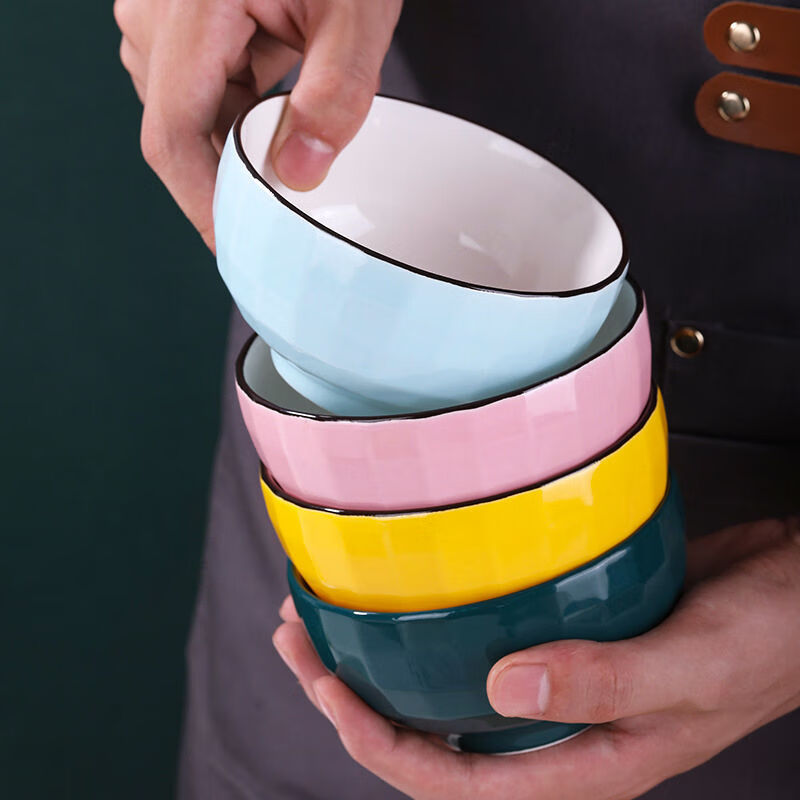 Kusenrong family bowls are divided into special-purpose bowls for one person and one color for family use. Light luxury household bowls, solid color ceramics, 5 pieces, colorful bowls yellow + blue + green + orange + pink
