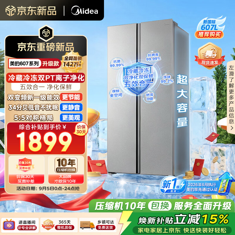 Midea 607pro double-door side-by-side refrigerator 2026 new large capacity new national standard first-level energy efficiency household air-cooled frost-free large freezer MR-637WKPEA national subsidy