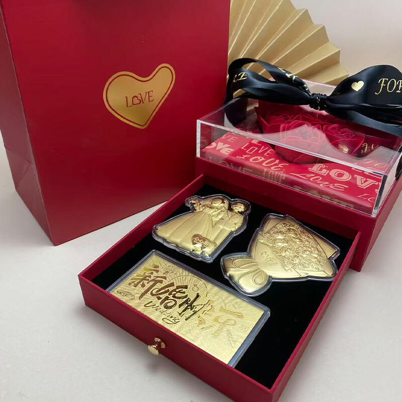 Laosuo pure gold 999 happy wedding gold rose cake gold ornaments wedding gift for wife and best friend 0.5g for newlyweds + 0.2g for newlyweds + 0.3g for flowers (total 1g) + selection gift box