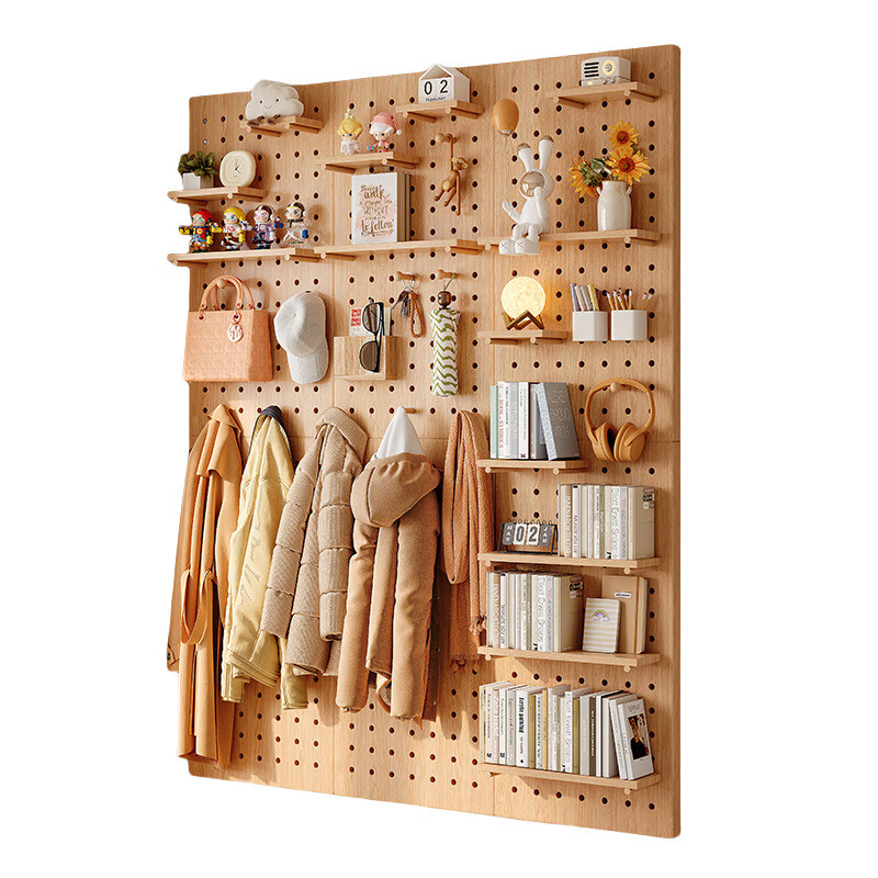 Solid wood hole board entrance door porch wall storage rack wall panel wall wooden hanging board storage wall complete set of combination warm white 60X80CM wall storage unique style