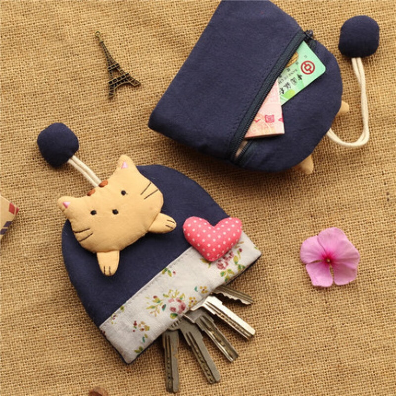 CLCEY is suitable for cartoon cute fabric pull-out key bag access control meal card holder zipper coin bag women's key dark blue cat patchwork flower