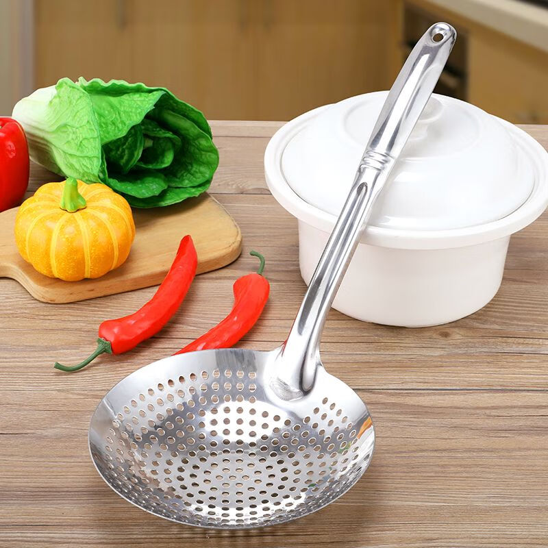 Enshousu household colander with long handle and thickened large stainless steel noodle spoon for dumplings fried spicy kitchen supplies one-piece molding + 18cm thicker