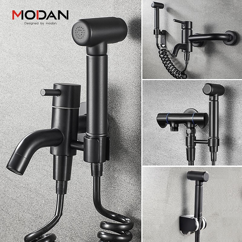 MODAN Sanitary Ware (MODAN) black multifunctional triangle valve one in two out three way water stop valve bidet booster toilet spray gun set bathroom toilet spray gun Yuehei-copper pressure-free spray gun + shelf + hose